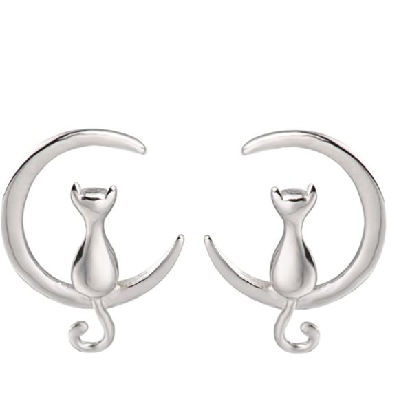 Jewelry - 925 Silver Cat On The Moon Earrings